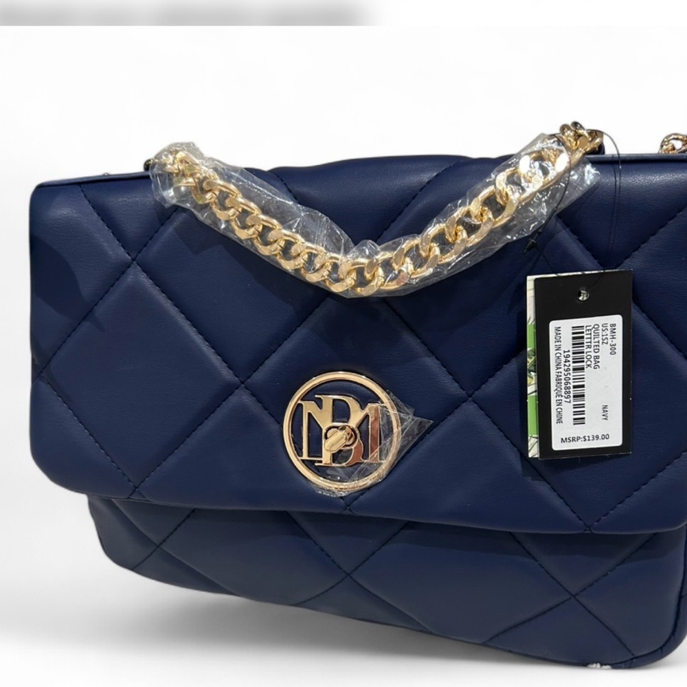 Badgley Mischka Quilted Navy Shoulder Bag with Gold Chain